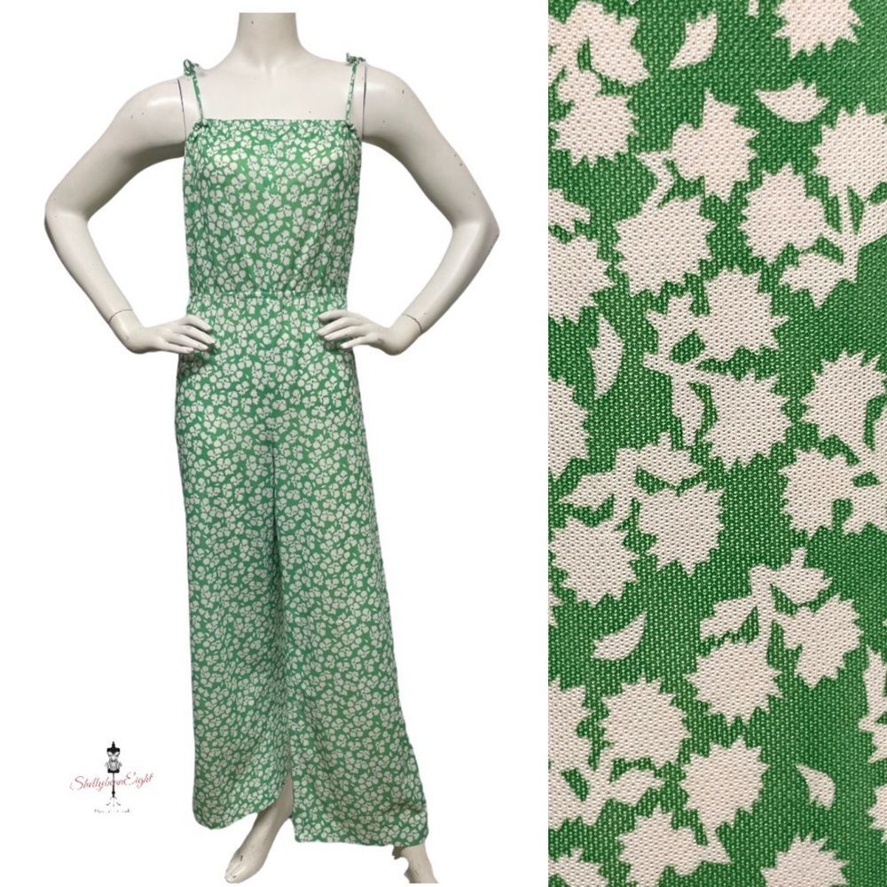 VINTAGE Handmade 70s 80s OOAK Green Polyester Floral SpaghettiStrap Jumpsuit S M